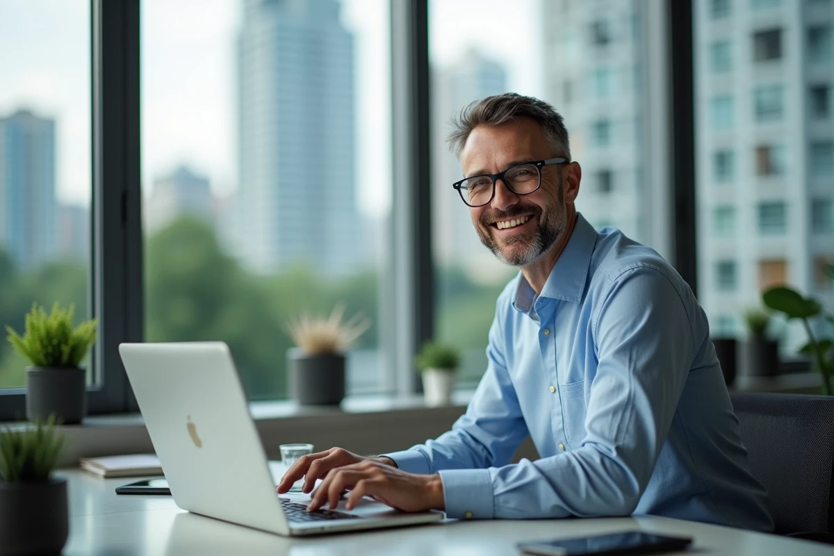 Homme souriant travaillant sur son ordinateur au bureau
