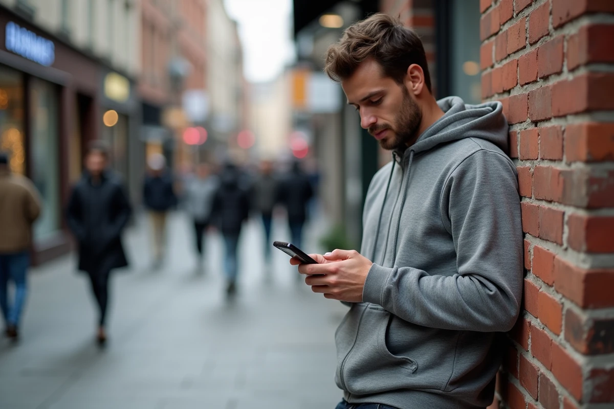 Homme consultant une application de rencontre et de chat social sur son téléphone dans une rue animée de la ville