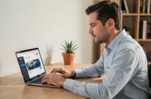 Homme consultant les services en ligne de Clic Auto sur un ordinateur portable depuis son bureau à domicile