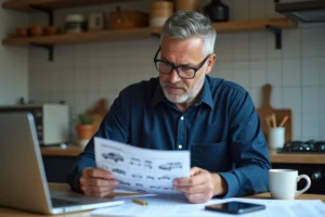 Homme en cuisine lisant un manuel automobile avec concentration