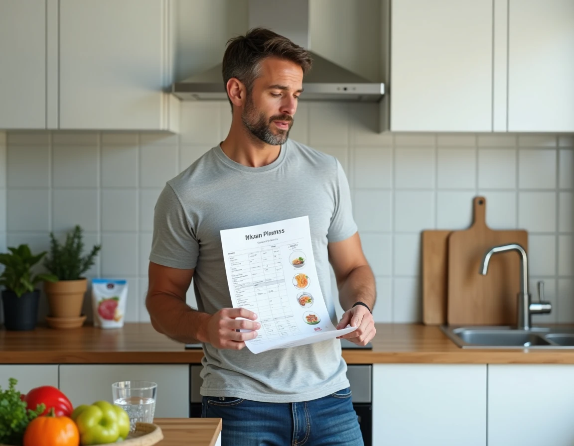 Homme consultant un plan nutritionnel Naturhouse dans sa cuisine moderne