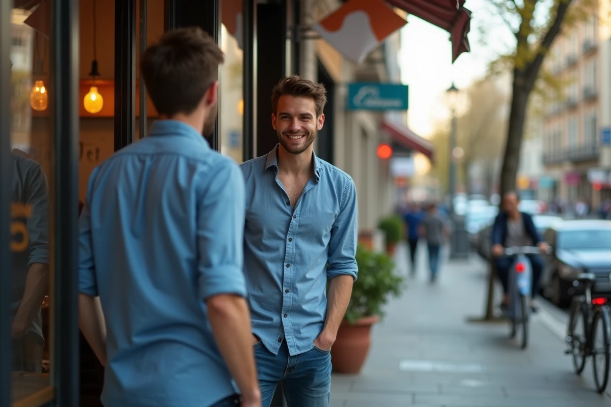 Jeune homme regardant son reflet dans une vitrine de cafe urbain