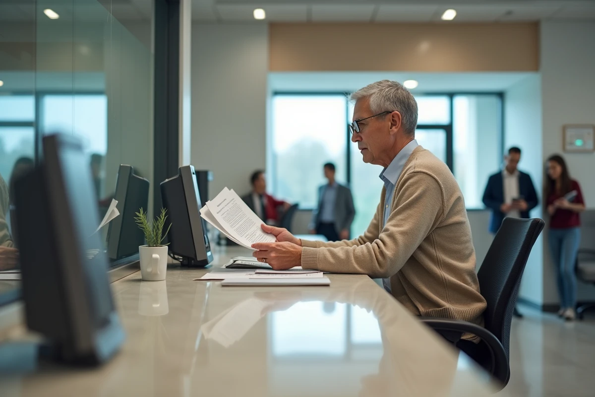 Homme senior remettant des documents à un agent dans un bureau municipal