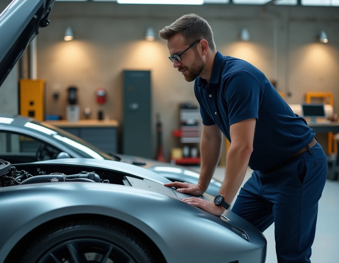 Ingénieur automobile examinant le moteur d'un concept car dans un atelier de design contemporain