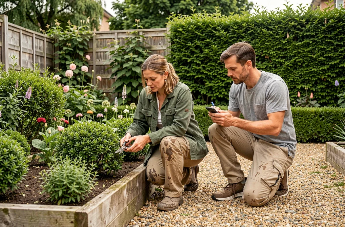 Jardinière professionnelle taillant des arbustes dans un jardin résidentiel sous le regard d'un propriétaire