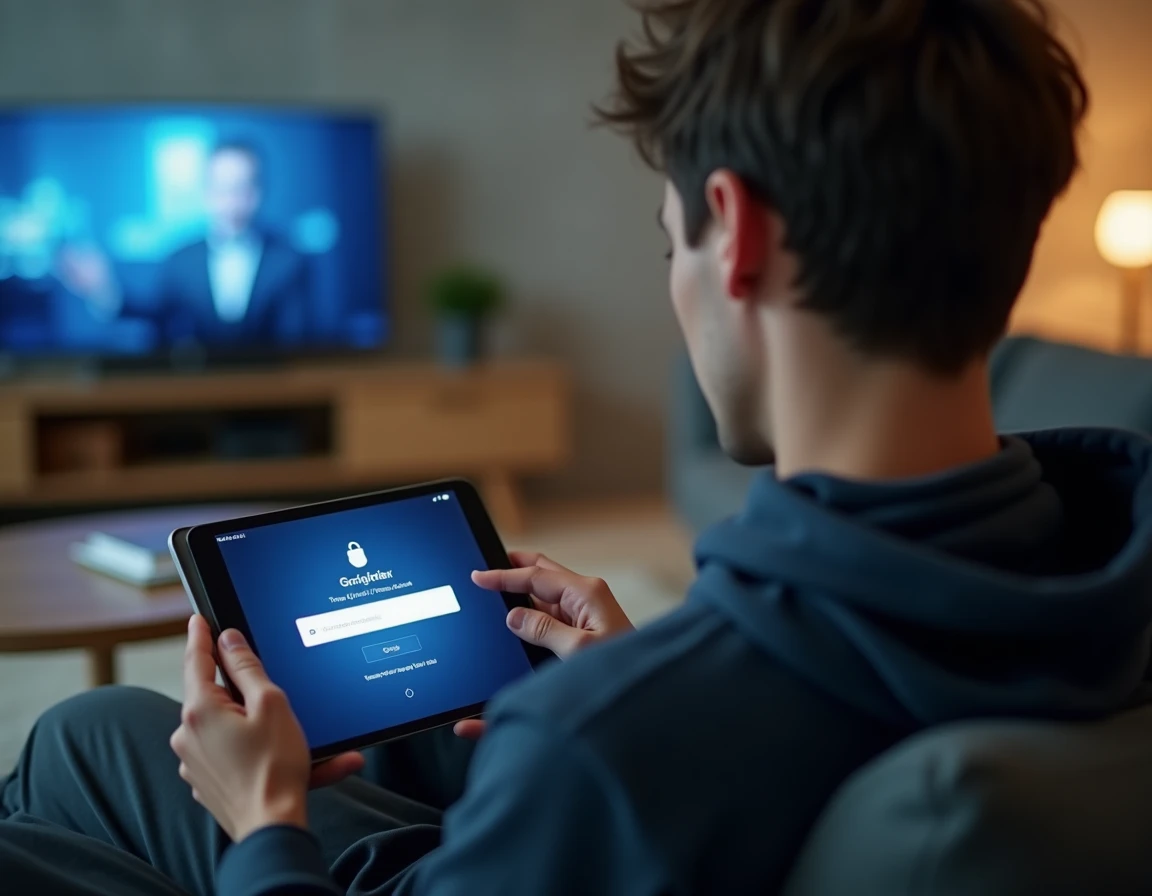 Jeune adulte sécurisant sa connexion sur un site de streaming via une tablette dans son salon
