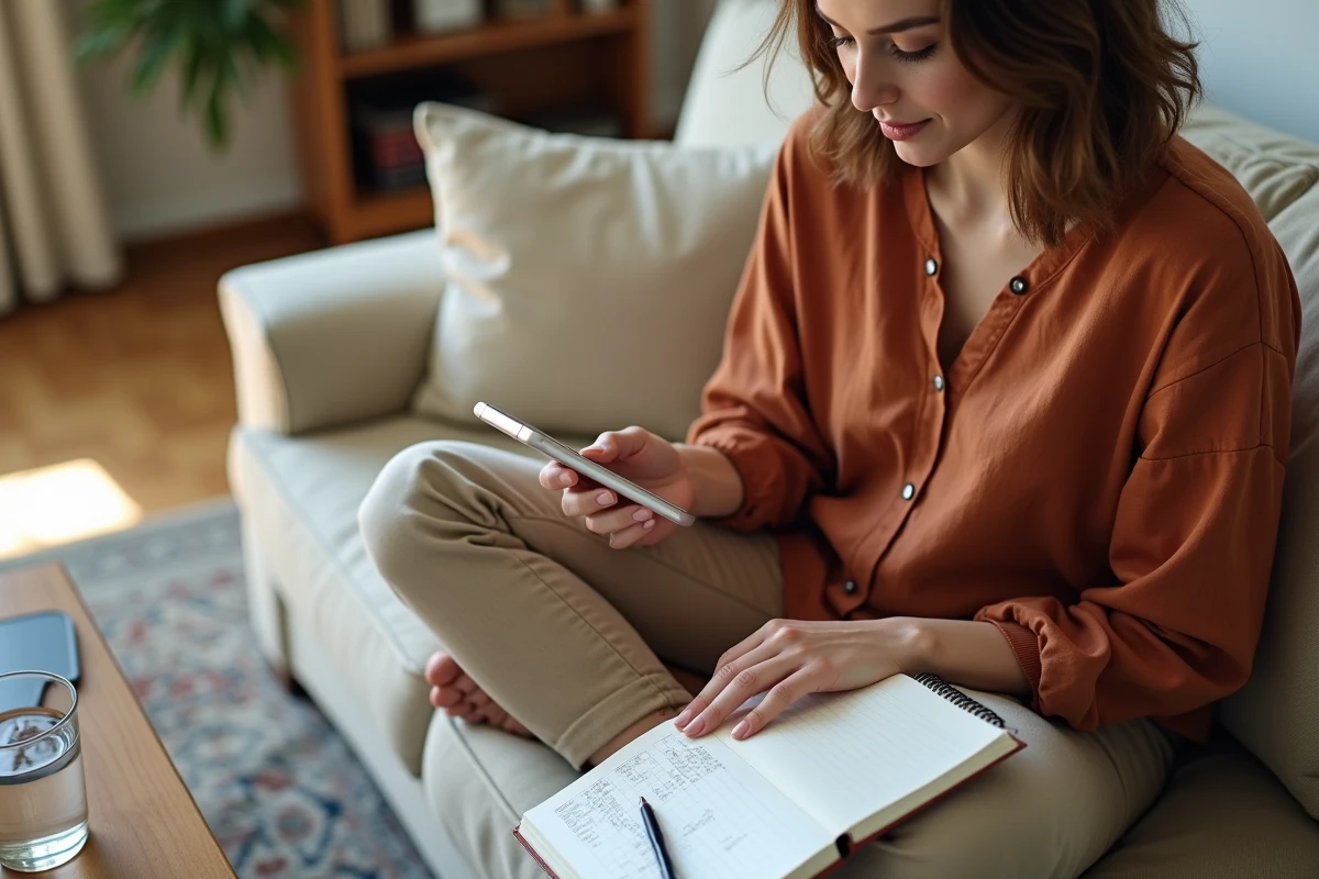 Jeune femme gérant ses listes et notes numériques sur smartphone depuis son canapé à la maison