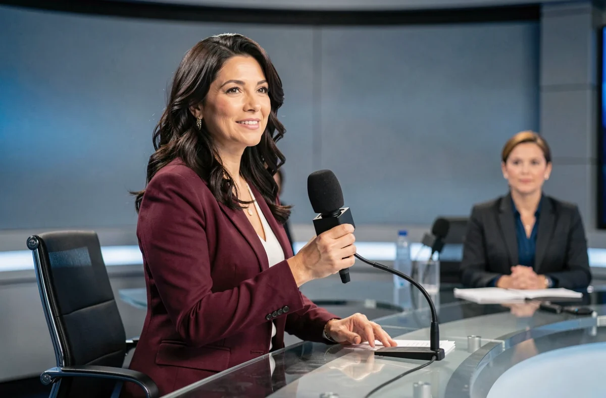 Journaliste féminine professionnelle sur un plateau télévisé avec micro, dans un contexte de journalisme politique et médiatique