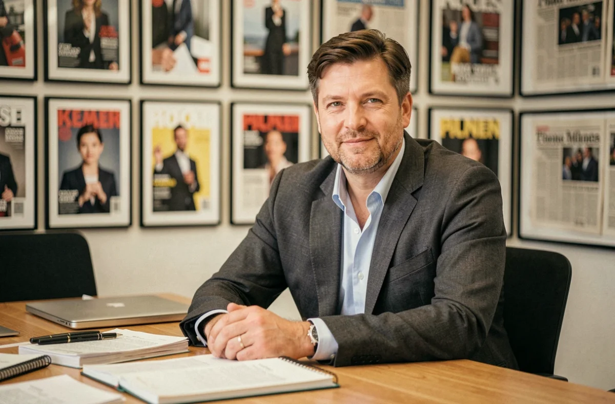 Journaliste masculin en réunion éditoriale dans un bureau de presse, entouré de notebooks et de magazines, atmosphère professionnelle