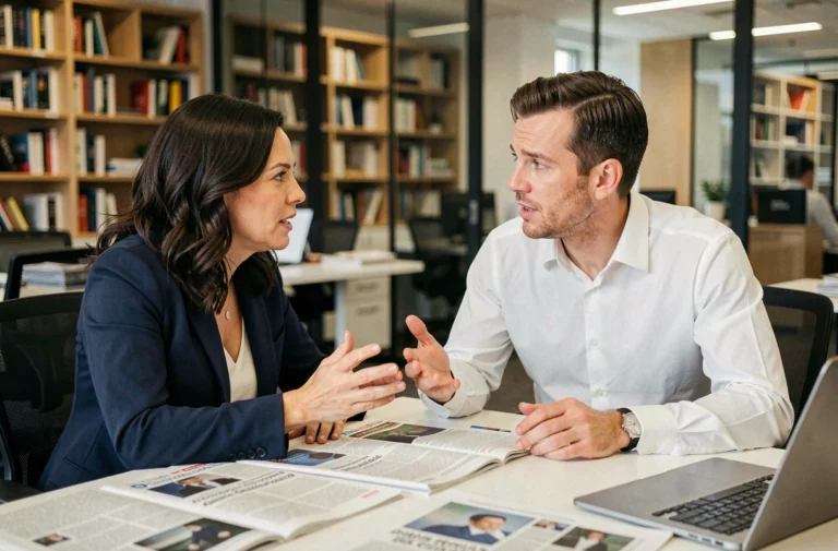 Deux journalistes professionnels en discussion animée dans une salle de rédaction moderne, illustrant une collaboration éditoriale