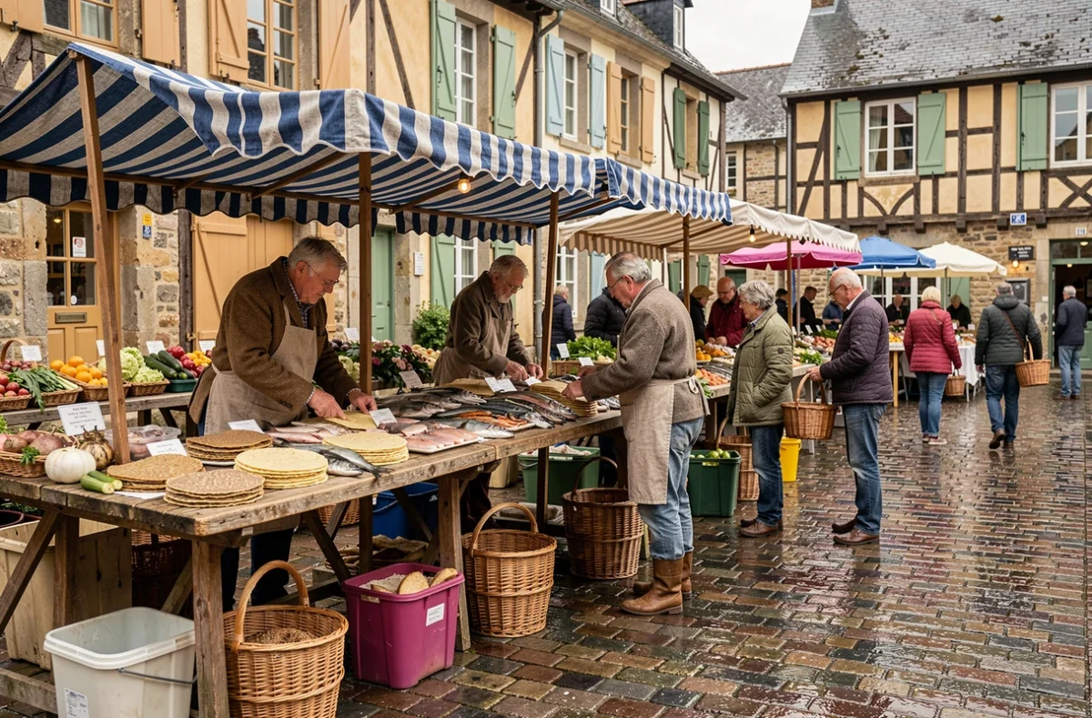 Marché breton animé dans une place historique près de Saint-Malo avec des étals de produits régionaux