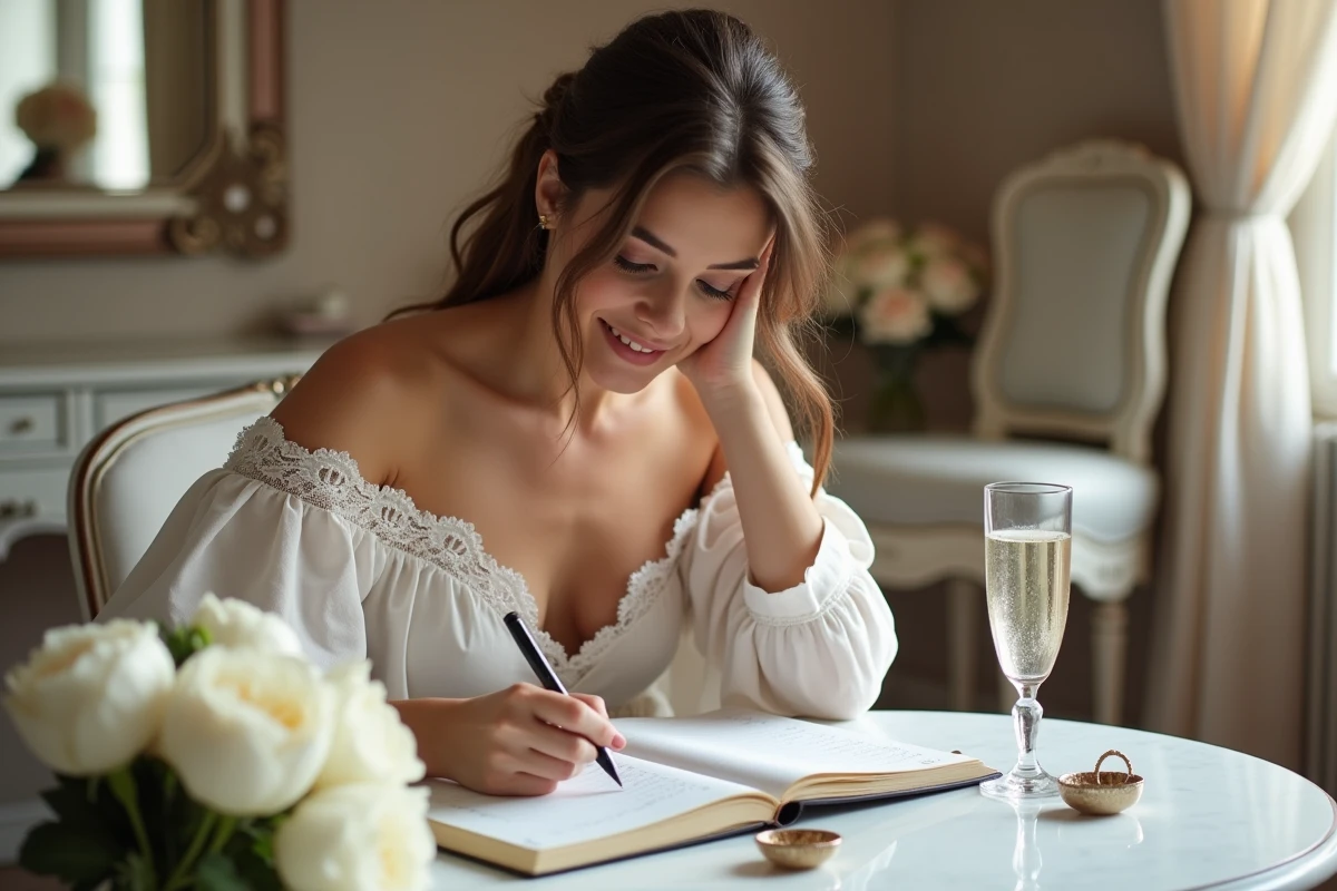 Future mariée en robe de chambre ivoire écrivant sa liste de contrôle de mariage à une coiffeuse vintage entourée de pivoines blanches
