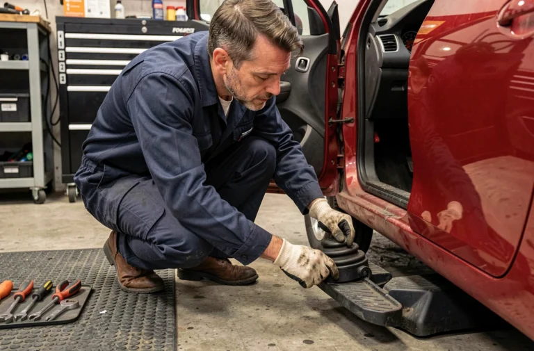 Mécanicien inspectant le boîtier anti démarrage sous le tableau de bord d'une Renault Clio 2 dans un garage professionnel