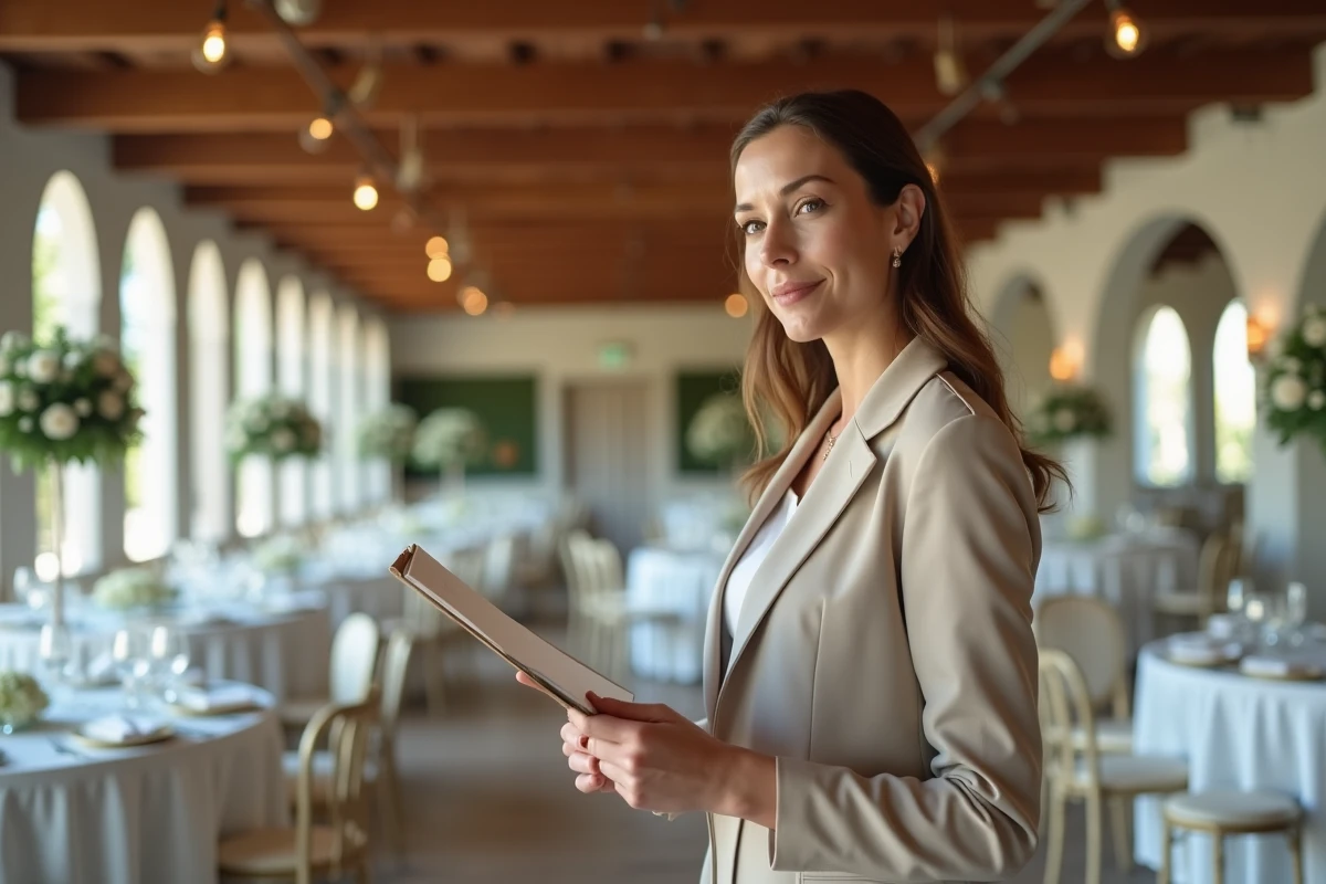 Planificatrice de mariage professionnelle tenant un clipboard dans une salle de réception élégante décorée avec des nappes blanches et des centres de table floraux