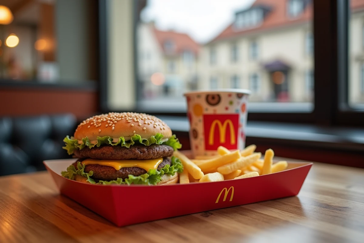 Plateau repas McDonald's avec burger et frites sur fond de rue typique de Villefranche-sur-Saône en Beaujolais