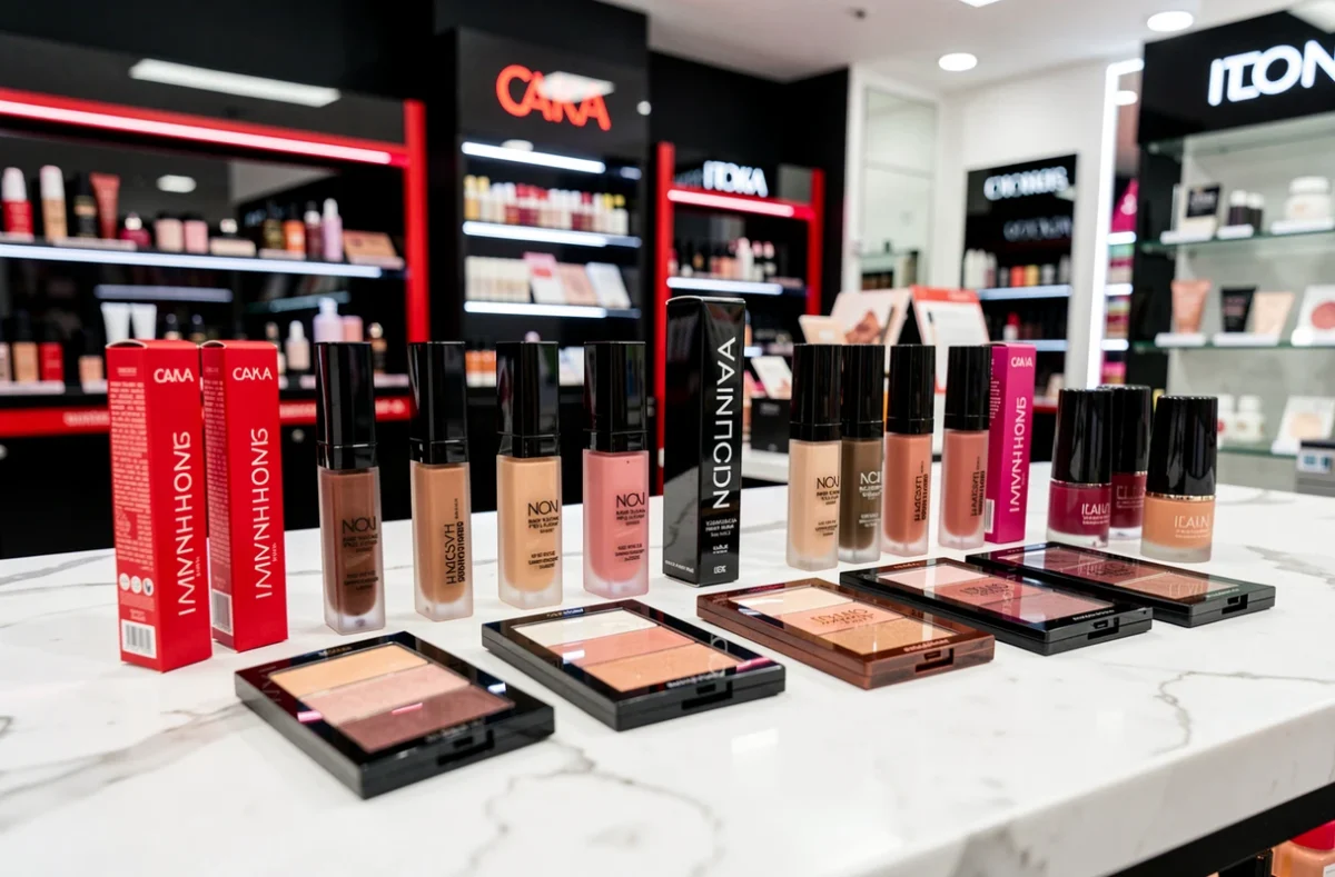 Produits de maquillage Kiko Milano disposés sur un comptoir en marbre blanc dans une boutique de cosmétiques