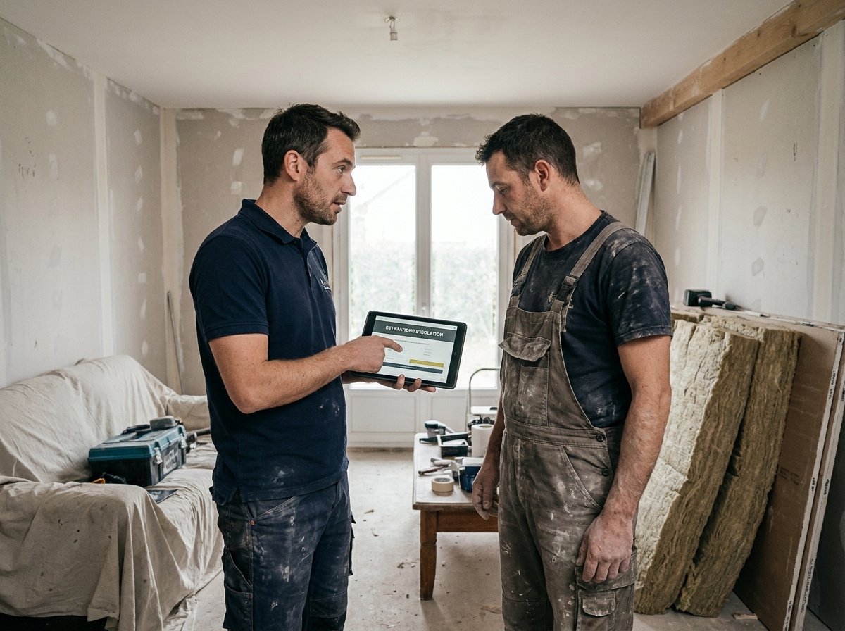 Propriétaire et artisan examinant un devis de travaux de rénovation sur une tablette dans un salon en chantier