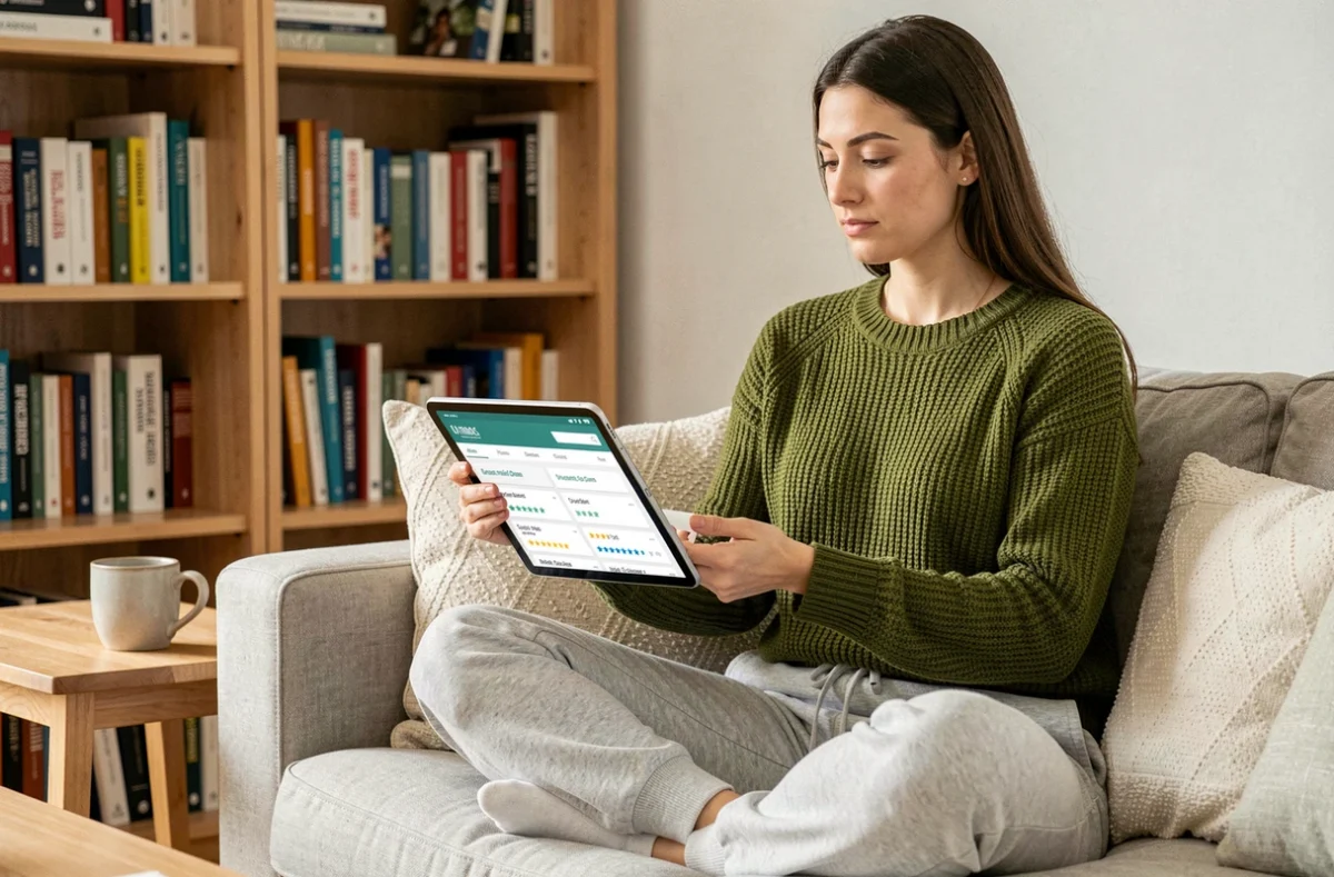 Jeune femme recherchant des formations professionnelles en ligne depuis son domicile sur une tablette