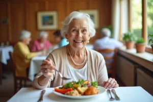 Résidente âgée souriante prenant un repas équilibré dans la salle à manger d'une résidence Domitys