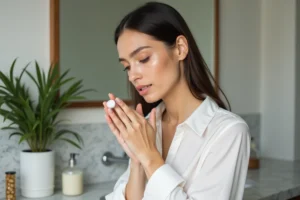 Femme appliquant une creme visage dans une salle de bain chaleureuse