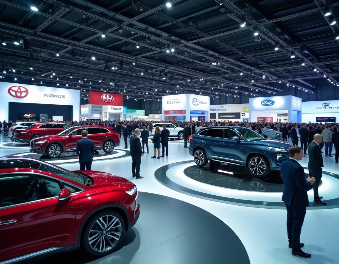 Salon de l'automobile 2024 avec visiteurs découvrant les derniers modèles de SUV et voitures de sport