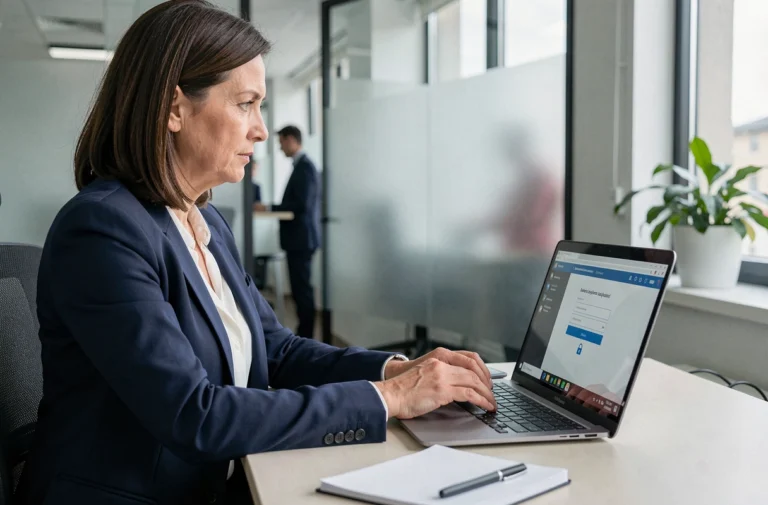 Employée sécurisant son accès à l'extranet La Poste sur un ordinateur portable en entreprise