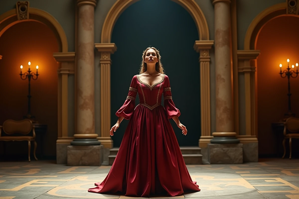 Soprano en costume d'époque interprétant un aria sur une scène d'opéra de style verdien