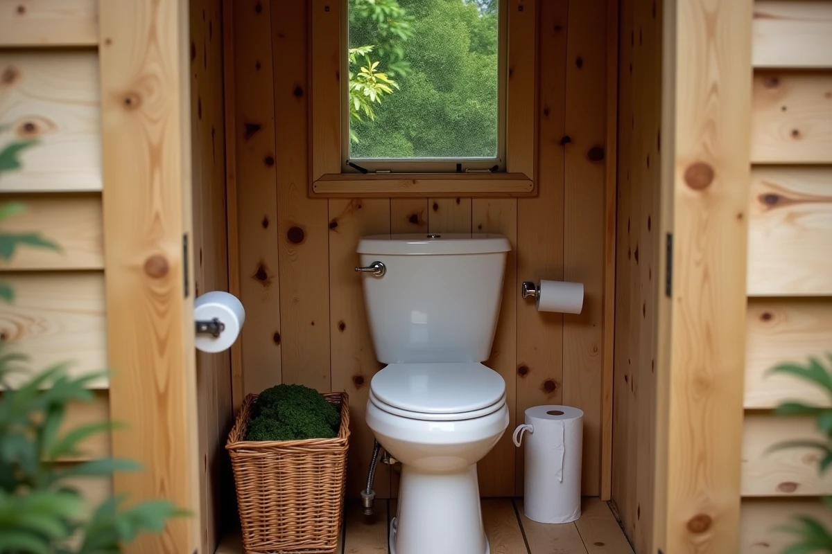 Toilette sèche installée dans un cabanon de jardin en bois avec accessoires écologiques en osier et tourbe