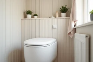 Toilette sèche au design scandinave minimaliste installée dans une salle de bain moderne avec accents en bois de bouleau