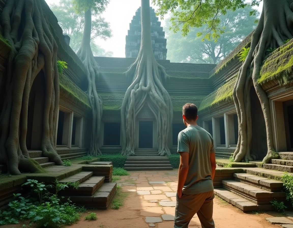 Voyageur admirant les ruines d'un temple khmer en pierre recouvertes de racines d'arbres dans la jungle cambodgienne