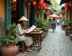 Voyageuse consultant une carte papier dans un café de rue vietnamien traditionnel avec lanternes colorées et murs en vieilles tuiles