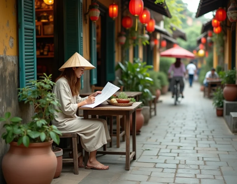 Voyageuse consultant une carte papier dans un café de rue vietnamien traditionnel avec lanternes colorées et murs en vieilles tuiles